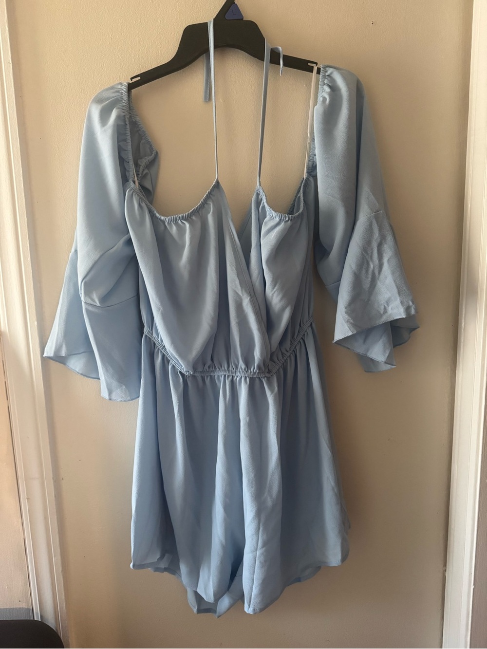 Light Blue Off-Shoulder Romper with Flowy Sleeves